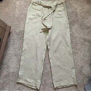 Soft Surroundings Women’s Wide Leg Tan/Green Striped Pants Tie Waist Light Large